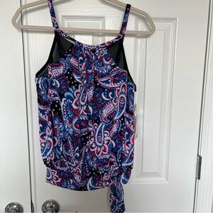 Pink and Blue Relaxed Tie Front Swim Tankini Top